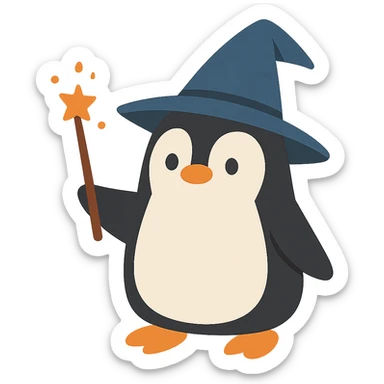 flat toon style penguin wizard with a pointy hat and wand sticker