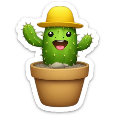 a fat green cactus with arms and legs in a small yellow cap, smiling sticker
