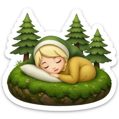 cozy forest character curled up on moss pillow with nightcap sticker