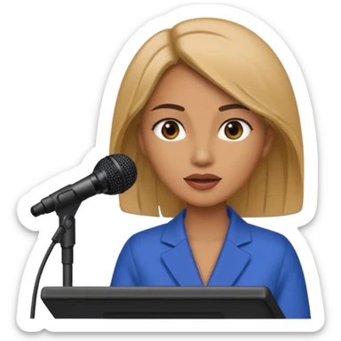 A woman speaks into a microphone, and there is a prompter screen in front of him. sticker