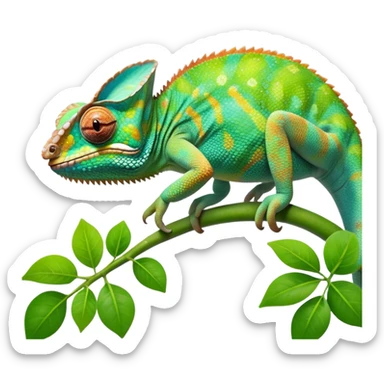 cinematic giant-smiling. chameleon-realistic emoji,-blending-with-vibrant-greenery.-detailed-scales-in-shifting-colors,-showing-the-chameleon’s-ability-to-camouflage.-soft-natural-light-highlights-its-texture.-light-background, zoomed into its face sticker