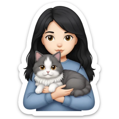 black hair girl with British Longhair cat sticker