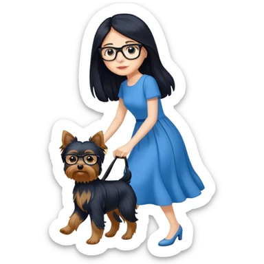 pale female with long black hair, wearing glasses and blue dress walking yorkie sticker