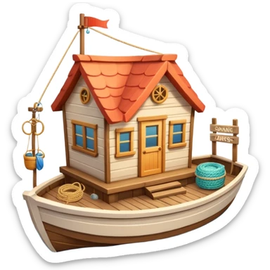 
cute fisherman house, small wooden seaside cabin, fishing nets, fishing boat sign, rope details, warm sunlight, coastal vibe, 3D cartoon, mobile game icon style, soft shadows, clean background, no text, no watermark
 sticker