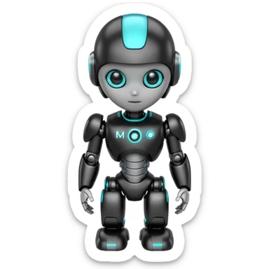 Cute futuristic chibi humanoid robot with large rounded head, glossy black and grey metal body, glowing cyan and amber eyes, visible joints, confident pose, white background, high-detail 3D render, LMX text on chest. sticker