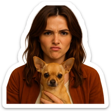 Create a centered portrait for an Instagram profile inspired by the facial features visible in the reference images of Zoe Deutch. The subject has a tanned complexion with subtle freckles, wearing a shirt in color #FFF8CA and a rust-colored jacket. Hair is medium-length brown with auburn highlights. The expression is rebellious and playful. The subject is holding an expressive and cute beige-brown chihuahua. The style is inspired by a Netflix series with an intimate and expressive atmosphere reminiscent of Tenerife. The background should be transparent. sticker