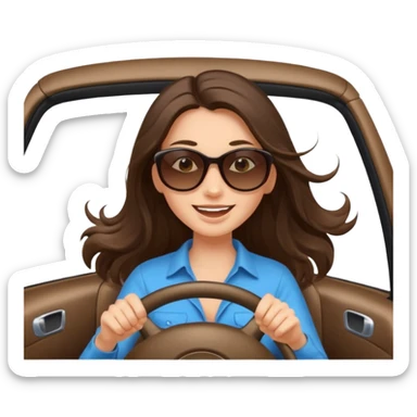 Brunette long hair driving car like crazy. Happy face confidence  sticker