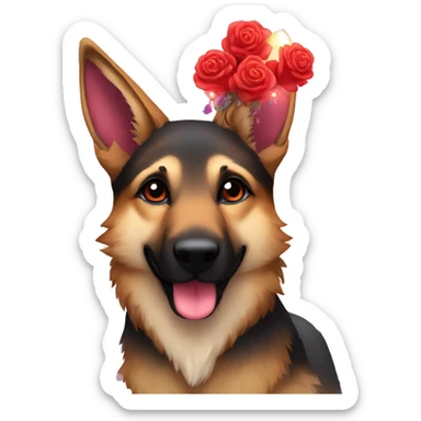 Brindled German shepherd fox carrying glowing red lantern, fairy lights, rose flower crown sticker