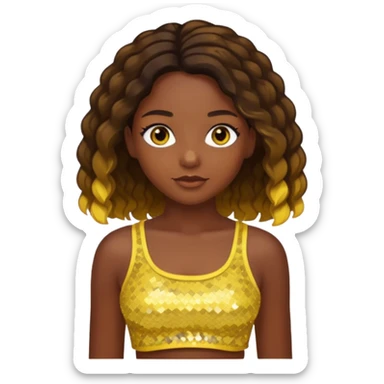 Sasha from Bratz with long light dark brown hair, dark skin, hazel eyes, yellow sequin crop top sticker