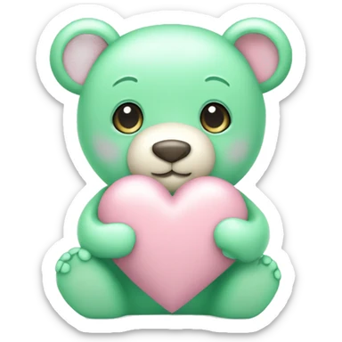 Cute pastel pink bear holding pastel green heart sticker