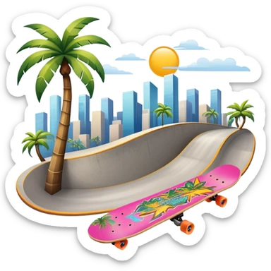 An icon featuring a skateboard resting on a smooth concrete surface. The background shows a sunny skate park with ramps, graffiti walls, and palm trees, creating an urban vibe. The skateboard is designed with vibrant colors and unique graphics. Transparent background  sticker