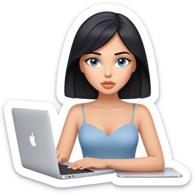 Glamours tanned very beautiful girl with pump peach nude lips and black straight smooth medium length hair, blue-grey eyes with MacBook sticker