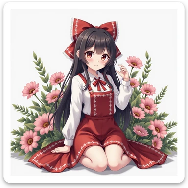 Kuromi character, photorealistic style, sitting pose, surrounded by real flowers sticker