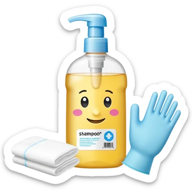 emoji of big (1L) bottle of shampoo, disposable gloves and cotton pads (for makeup) are standing on a table, products look like its always running out, add brand labels to them, make quantity bigger , and i want to see more disposable products, without faces sticker