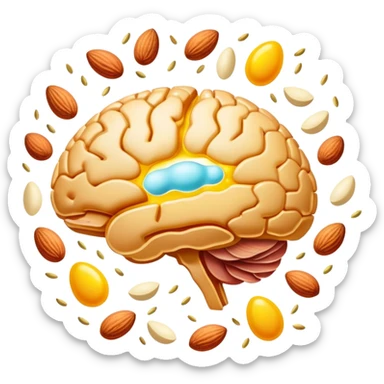 Glowing brain near a shimmering liver, with choline-rich foods floating around them: eggs with bright yellow yolks, clusters of almonds, cuts of lean meat, and dairy products. Golden connections flow between the foods and organs, showing the pathway of this essential nutrient. sticker