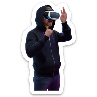 Russian man wearing a black hoodie with "OMG" letters on it and VR headset oculus quest 2 in a cyberpunk VR environment with violet neon lighting. Showing direction with hand sticker