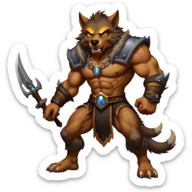 Cinematic Realistic WoW Worgen Portrait, captured in a dynamic, battle-ready stance, muscles rippling beneath his wild fur and tanned skin. His fierce, amber eyes and determined features, set against consistently detailed, worn leather attire, are rendered with dramatic natural lighting and high shine, embodying the raw, relentless fury of a worgen warrior in combat. sticker