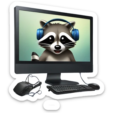 raccoon crying in front of a monitor and pc with gaming headset on sticker