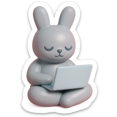 gray bunny sitting cross-legged with laptop in vinyl figure style sticker