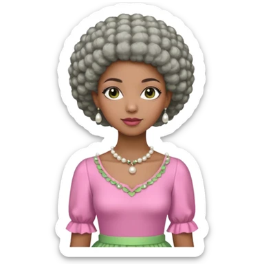 Brown woman with very short stylish gray Afro  wearing pink and green dress  and pearl blouse with sleeves sticker