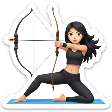 woman tanned long black hair, shooting arrow , black yoga clothes sticker