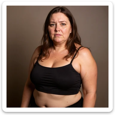 Create a realistic version inspired by the reference photo: a woman with significant cellulite, visible face with a desperate and tired expression, similar pose to the photo, neutral background. sticker