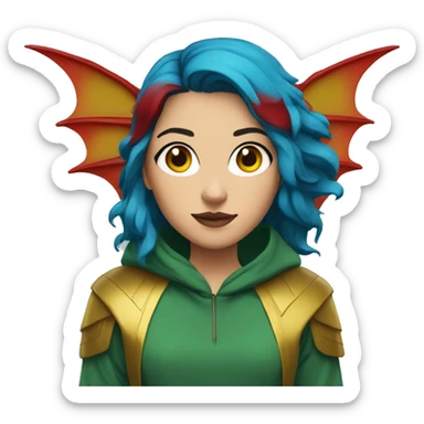 Lady with brunette and blue hair, gold, green dragon wings, maroon hoodie, black and gold Nike t shirt, and bright red eyes sticker