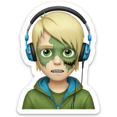 boy zombie whit blonde emo hair and eyes blue and GREEN SKIN and heandphones and a microfone and gold teeth sticker