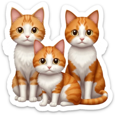 3 sibling cats each are various different natural colours; 1 is ginger and white, the next is brown tabby and white and the third is a calico sticker