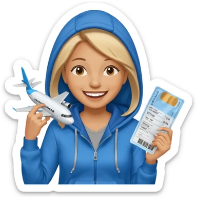 Hilarious, blunt, high energy, and adventurous. woman in hoodie laughing with plane tickets  sticker