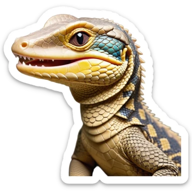 Cinematic Cute Yawning Monitor Lizard Portrait Emoji, Head tilted slightly with a dramatic, wide-open yawn, showcasing textured, patterned scales and sleepy, half-closed eyes exuding relaxed charm, Simplified yet irresistibly adorable features, highly detailed, glowing with a soft, cozy glow, high shine, relaxed yet expressive, stylized with a dash of whimsical wildness, soft glowing outline, capturing the essence of a drowsy yet affectionate reptile that appears ready to stretch out for a nap! sticker