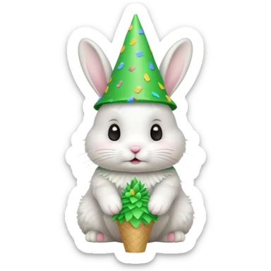 Rabbit in Green Party Hat – white bunny with cone party hat and confetti. sticker