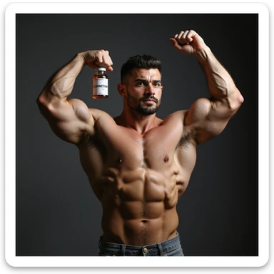 bodybuilder in victory pose, hyperrealism 4k, holding a vial with a label 'CARNITINA' in large block letters sticker