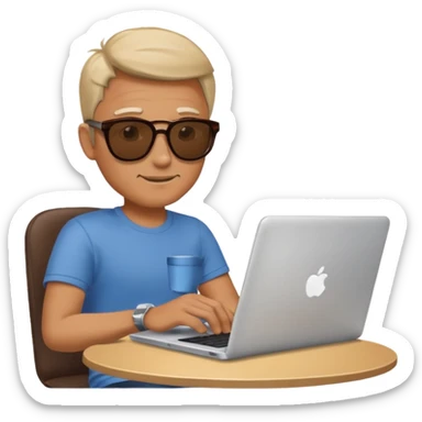 man in sunglasses typing on a laptop with a coffee cup beside him sticker