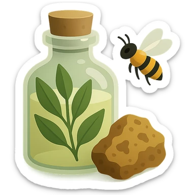 macOS application icon for a herbal therapy CRM, featuring a glass bottle with herbal leaves and a piece of propolis, a bee nearby, soft shadows, green and earth tones, modern and minimal style, no text sticker