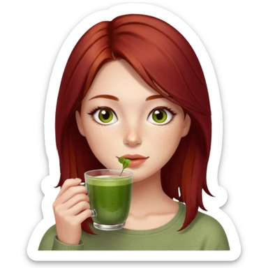 beautiful brunette with slightly cherry red tinted hair , with dark hazel eyes (let's call her kami), sipping matcha sticker