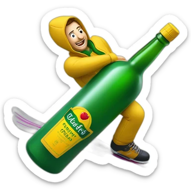 Man ski grinding over a giant green bottle of buckfast tonic wine with yellow label sticker