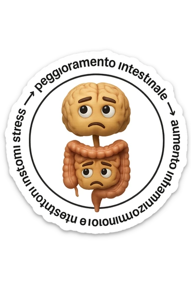 EMOJI STILE IPHONE 3D DI un cerchio con queste scritte che girano intorno "stress → peggioramento intestinale → aumento infiammazione → peggioramento sintomi intestinali e sistemici." al centro del cerchio metti un cervello e intestino umani collegati verticalmente con espressione dubbiosa in volto, FALLO MOLTO REALISTICO IN 3D sticker