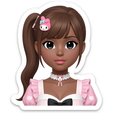 Gyaru makeup, my melody hairclip, cutecore, doll eyes, Doll, big chest, dark brown skin, with ponytail brown hair hair style, black cute eyes, cute lips with Gyaru outfit sticker