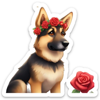 Midnight starry night stars dark Brindled German shepherd fox carrying glowing red lantern, fairy lights, rose flower crown, bokeh lights, out of focus blur sticker