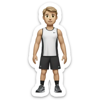 A very little tanned white boy with brown hair, short and a little wavy, with New Balance 1906R Grey, white Nike socks, a black Nike running jogging and a black Under Armour t-shirt. sticker