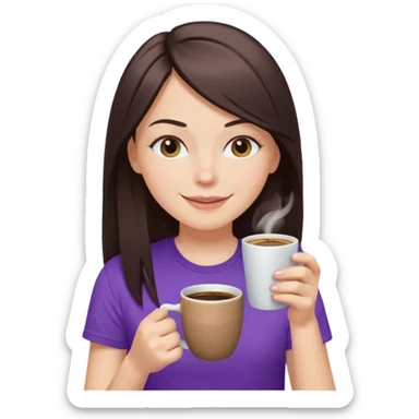 Chocolate straight hair white girl drinking coffee blinking an eye with a smile, purple pastel tshirt sticker