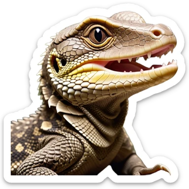 Cinematic Cute Yawning brown camo spotted monitor Lizard Portrait Emoji, Head tilted slightly with a dramatic, wide-open yawn, showcasing textured, patterned scales and sleepy, half-closed eyes exuding relaxed charm, Simplified yet irresistibly adorable features, highly detailed, glowing with a soft, cozy glow, high shine, relaxed yet expressive, stylized with a dash of whimsical wildness, soft glowing outline, capturing the essence of a drowsy yet affectionate reptile that appears ready to stretch out for a nap! sticker