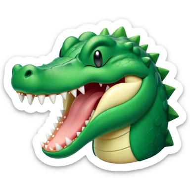 Cinematic Cute Yawning Crocodile Portrait Emoji, Head tilted slightly with a dramatic, wide-open yawn, showcasing a soft, textured emerald-green hide with slightly drooping jaws and half-closed eyes in drowsy contentment, Simplified yet irresistibly adorable features, highly detailed, glowing with a soft, cozy glow, high shine, relaxed yet expressive, stylized with a touch of reptilian whimsy, bright and endearing, soft glowing outline, capturing the essence of a sleepy yet affectionate crocodile, so drowsy it feels like it could stretch out of the screen and curl up for a nap! sticker