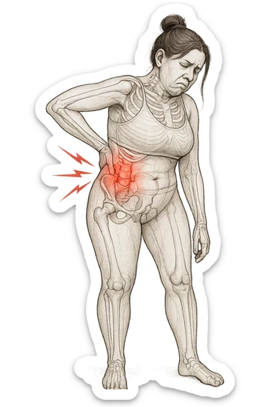 a woman in her 30s  holding her lower back with a pained expression. Subtle visual cues, like uneven shoulders or hips, hint at postural asymmetry. symbolizing chronic pain over the years. vista anatomicamente sticker