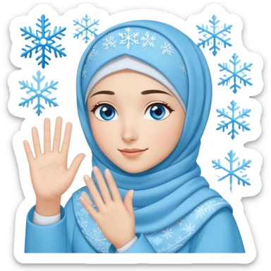 Turkish beautiful finish Konya girl blue eyes with light blue winter design hijab islamic dress and had on her hand snowflakes and she wave one's hand sticker