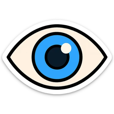 blue eyeball icon with black outlines, lineal color style, transparent background, slight shine effect sticker