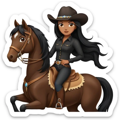 confident hot tanned woman with long black hair wearing black outfit riding a horse cowgirl style sticker