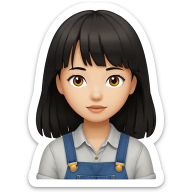 Make it a girl wil long hair like this and look like this  she has brown ish black hair and if has bangs with black overalls and a white shirt she’s not asian sticker