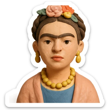 claymation style portrait of Frida Kahlo with visible fingerprints and pastel colors sticker